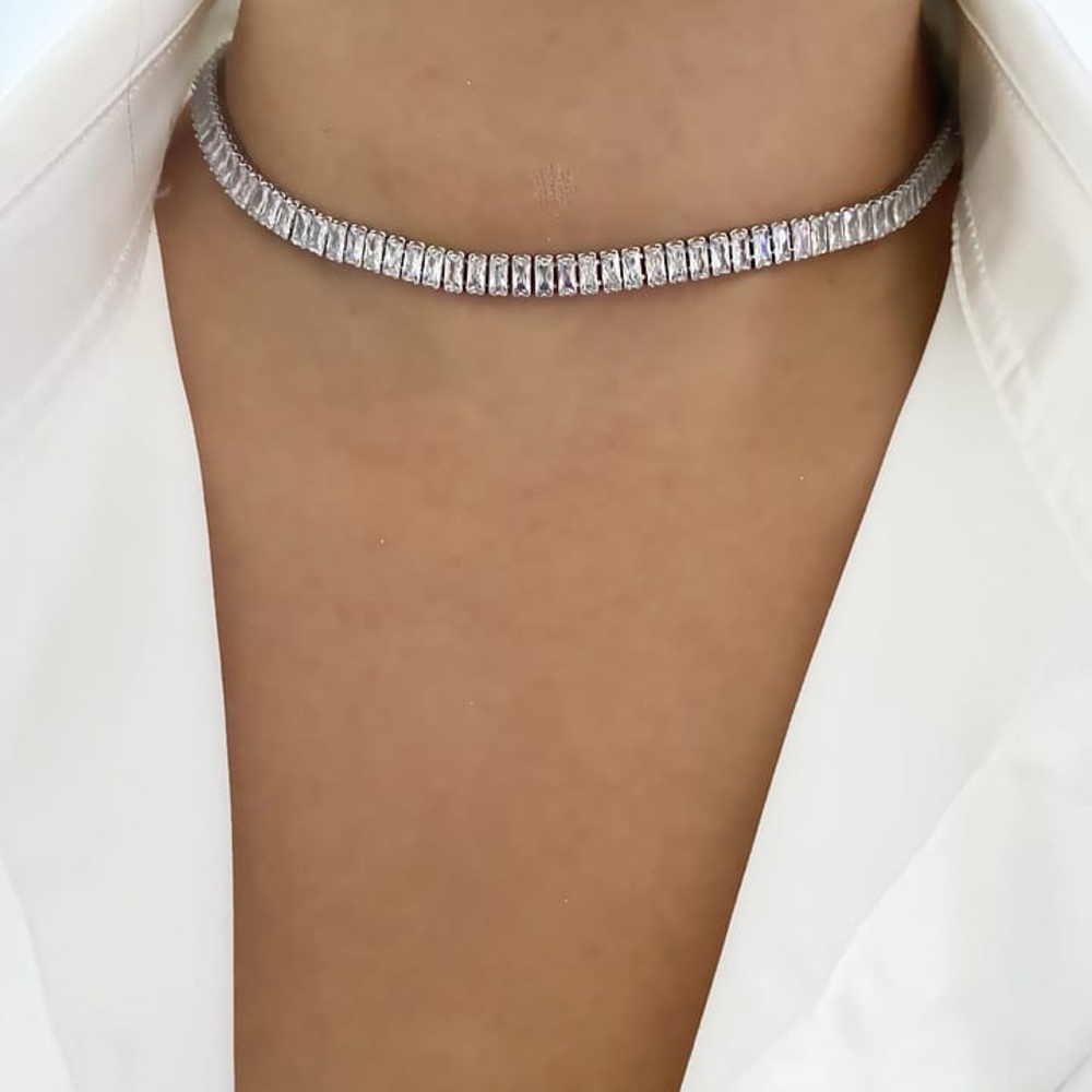 Elegant Sterling Silver - White Gold Plated Choker Necklace
